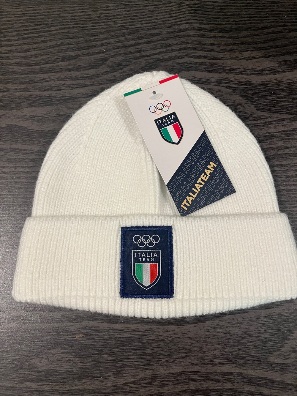 Milano Cortina 2026 Italia Team Merch | White Ribbed Knit Beanie